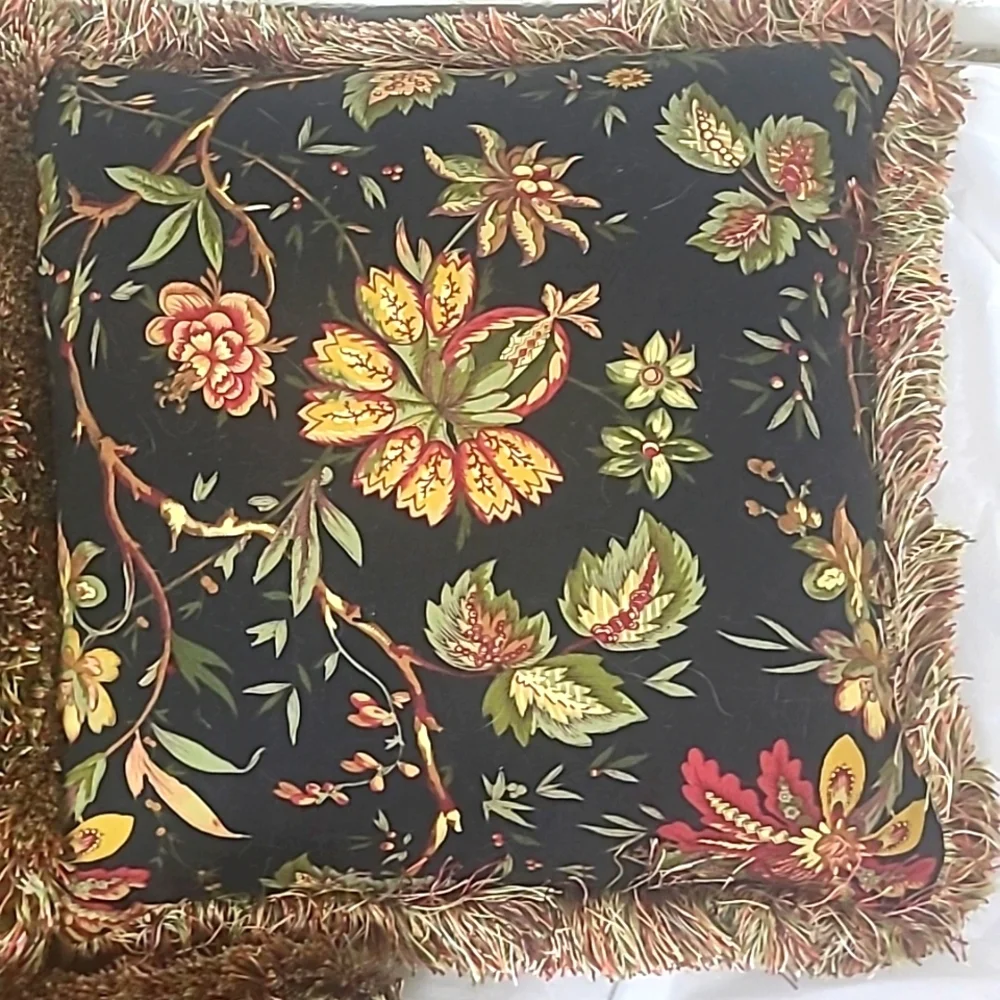 3 Matching Accent Throw Pillows Fringed Black w Floral Print 17